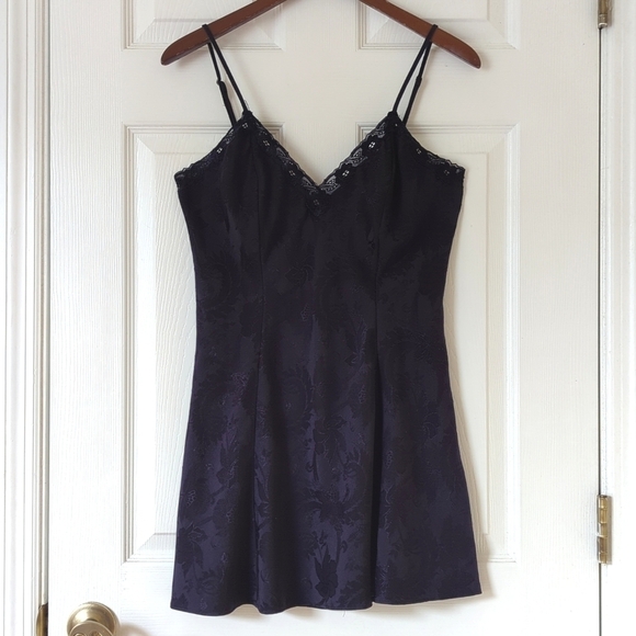 Victoria's Secret 80's Vintage Gold Label Floral Brocade Mini Slip Dress Navy S - Picture 1 of 10